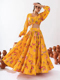 Fascinating Yellow Floral Printed Chinon Haldi Wear Crop Top Lehenga - Zeel Clothing
