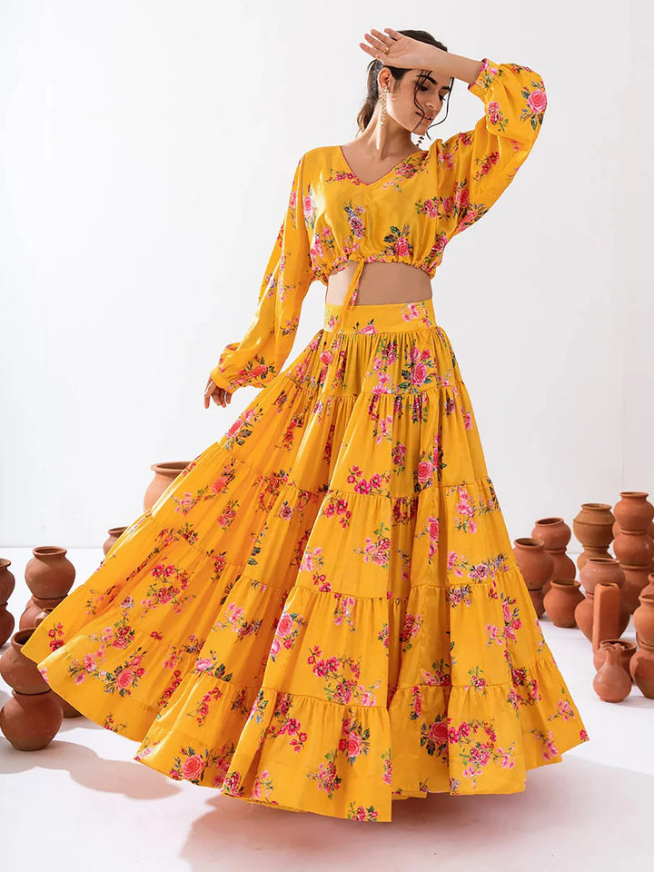 Fascinating Yellow Floral Printed Chinon Haldi Wear Crop Top Lehenga - Zeel Clothing
