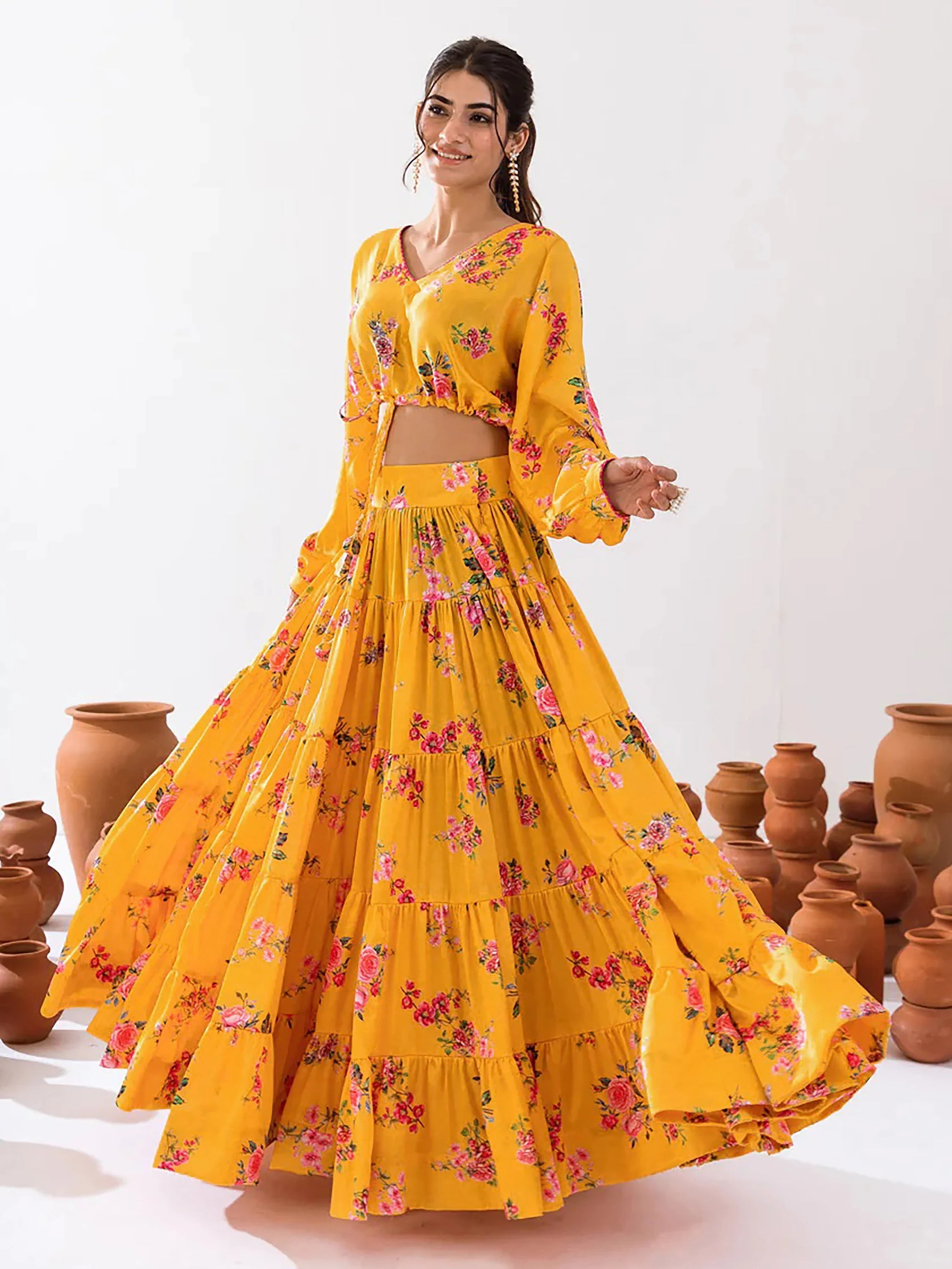 Fascinating Yellow Floral Printed Chinon Haldi Wear Crop Top Lehenga - Zeel Clothing