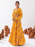 Fascinating Yellow Floral Printed Chinon Haldi Wear Crop Top Lehenga - Zeel Clothing