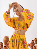 Fascinating Yellow Floral Printed Chinon Haldi Wear Crop Top Lehenga - Zeel Clothing