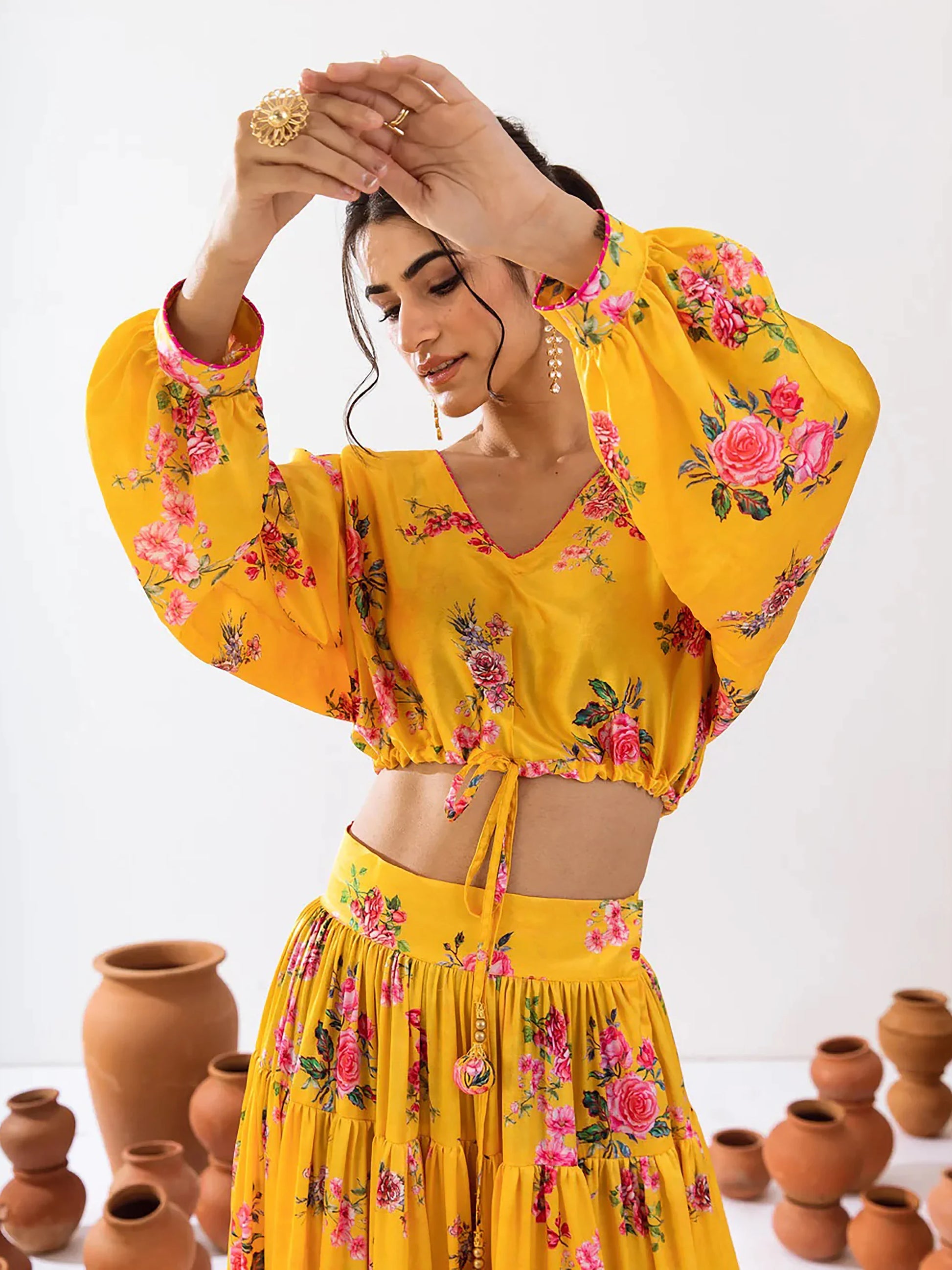Fascinating Yellow Floral Printed Chinon Haldi Wear Crop Top Lehenga - Zeel Clothing