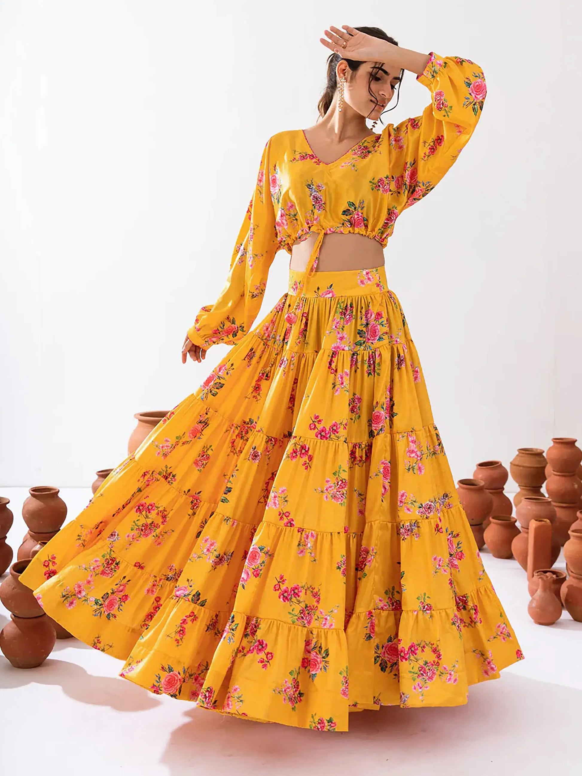 Fascinating Yellow Floral Printed Chinon Haldi Wear Crop Top Lehenga - Zeel Clothing