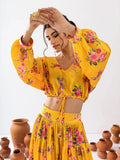 Fascinating Yellow Floral Printed Chinon Haldi Wear Crop Top Lehenga - Zeel Clothing