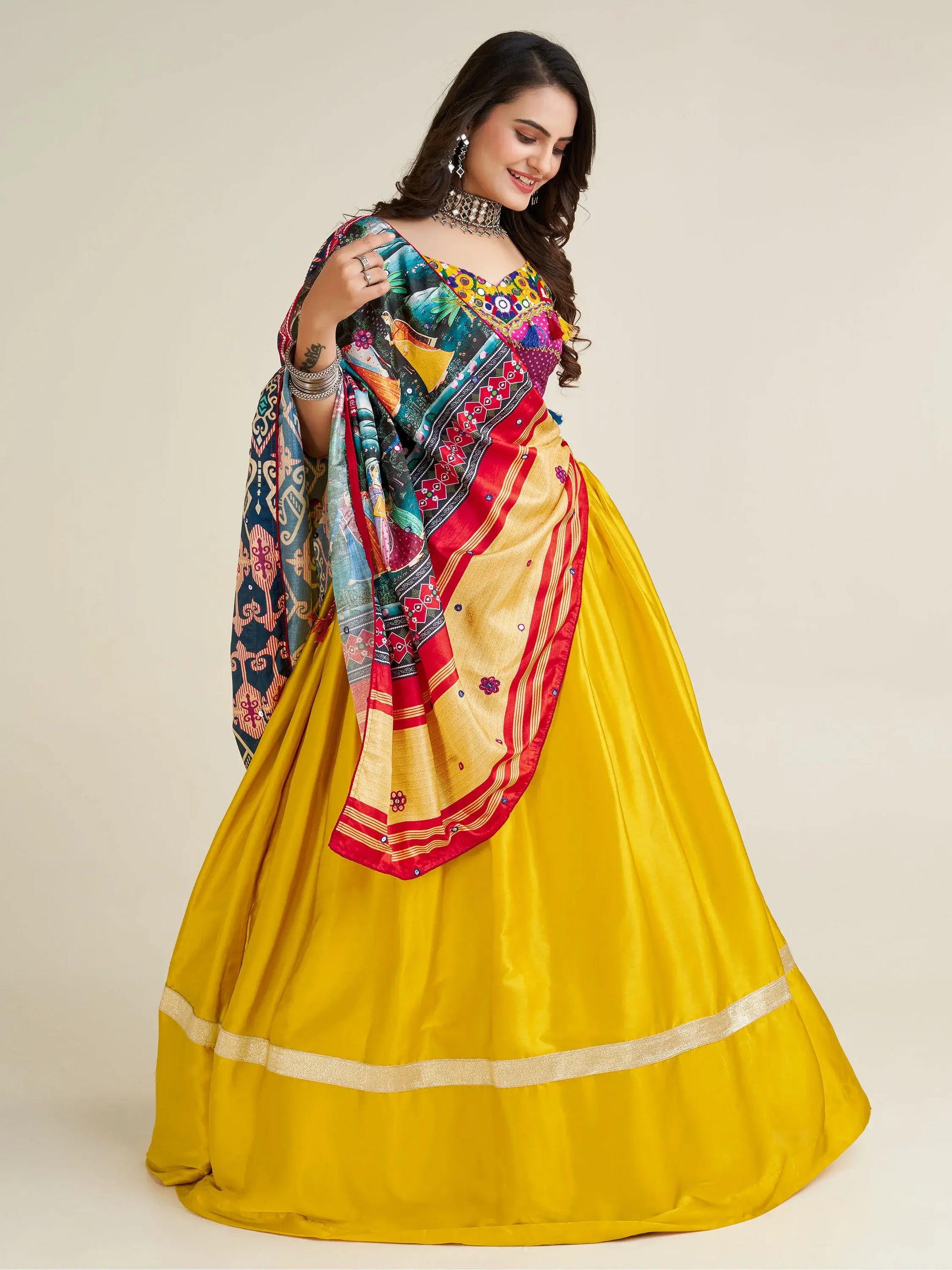 Fascinating Yellow Gamthi Work Satin Navratri Lehenga Choli - Zeel Clothing