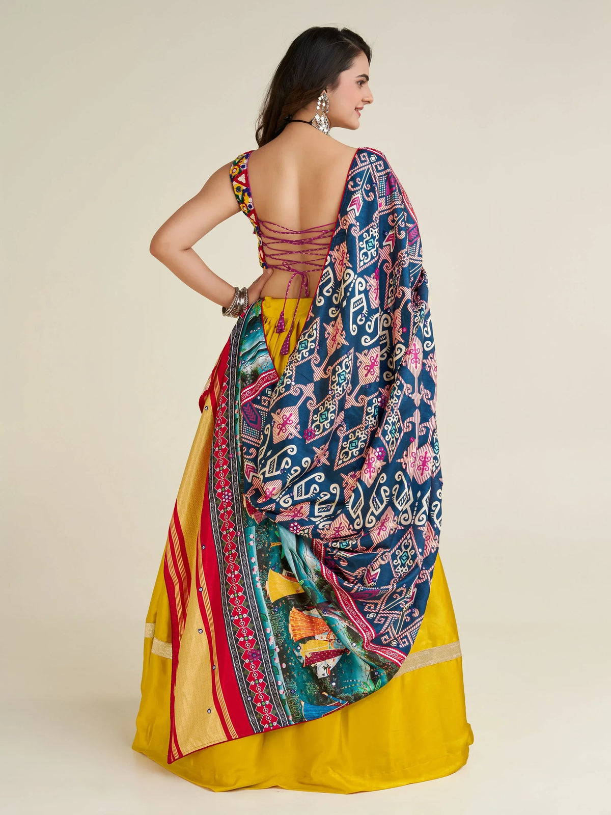 Fascinating Yellow Gamthi Work Satin Navratri Lehenga Choli - Zeel Clothing