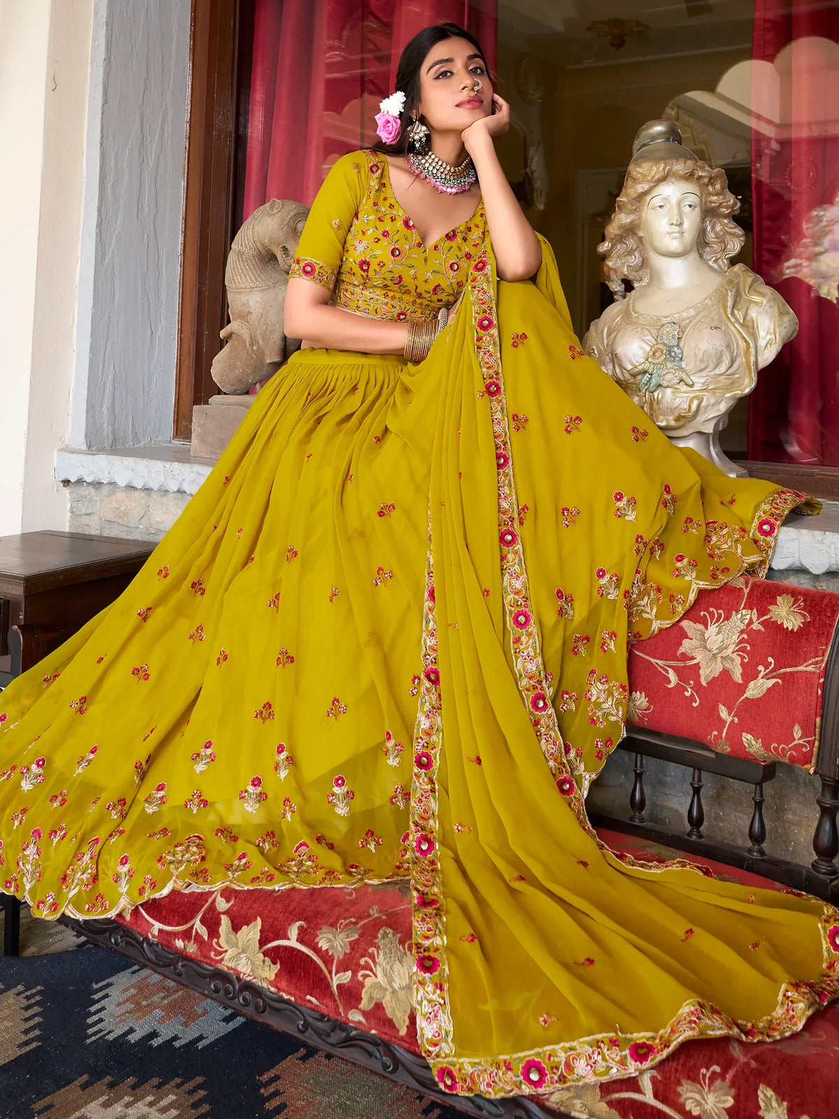 Fascinating Yellow Thread Work Georgette Haldi Wear Lehenga Choli - Zeel Clothing