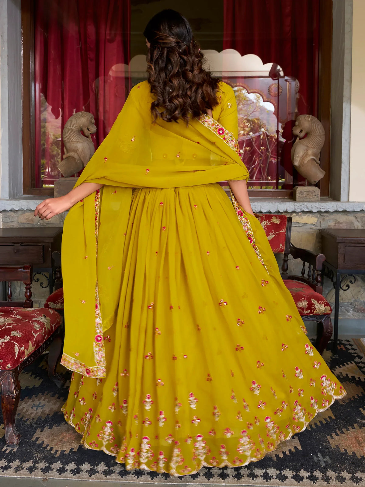Fascinating Yellow Thread Work Georgette Haldi Wear Lehenga Choli - Zeel Clothing
