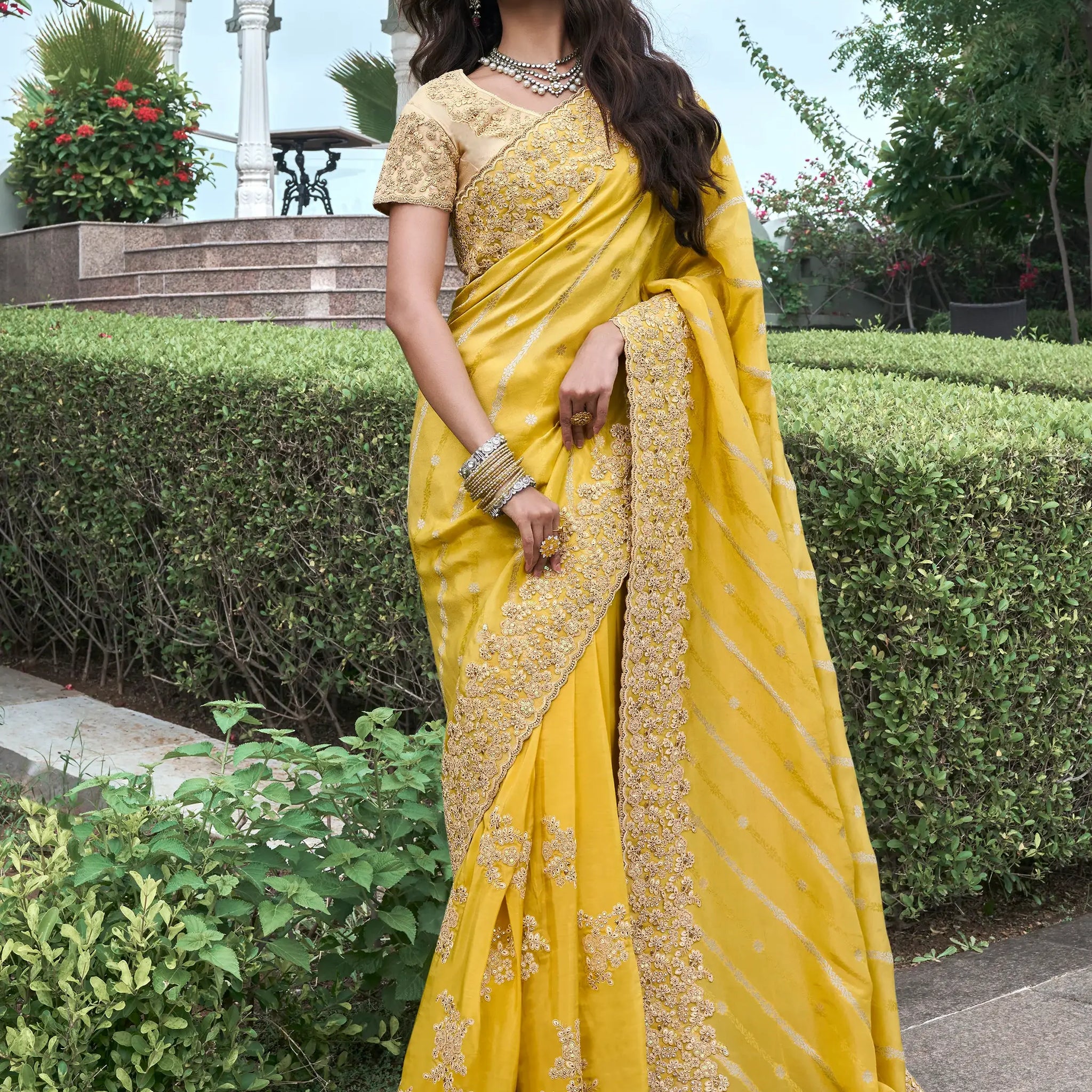 Fascinating Yellow Zari Weaving Organza Haldi Wear Saree With Blouse - Zeel Clothing