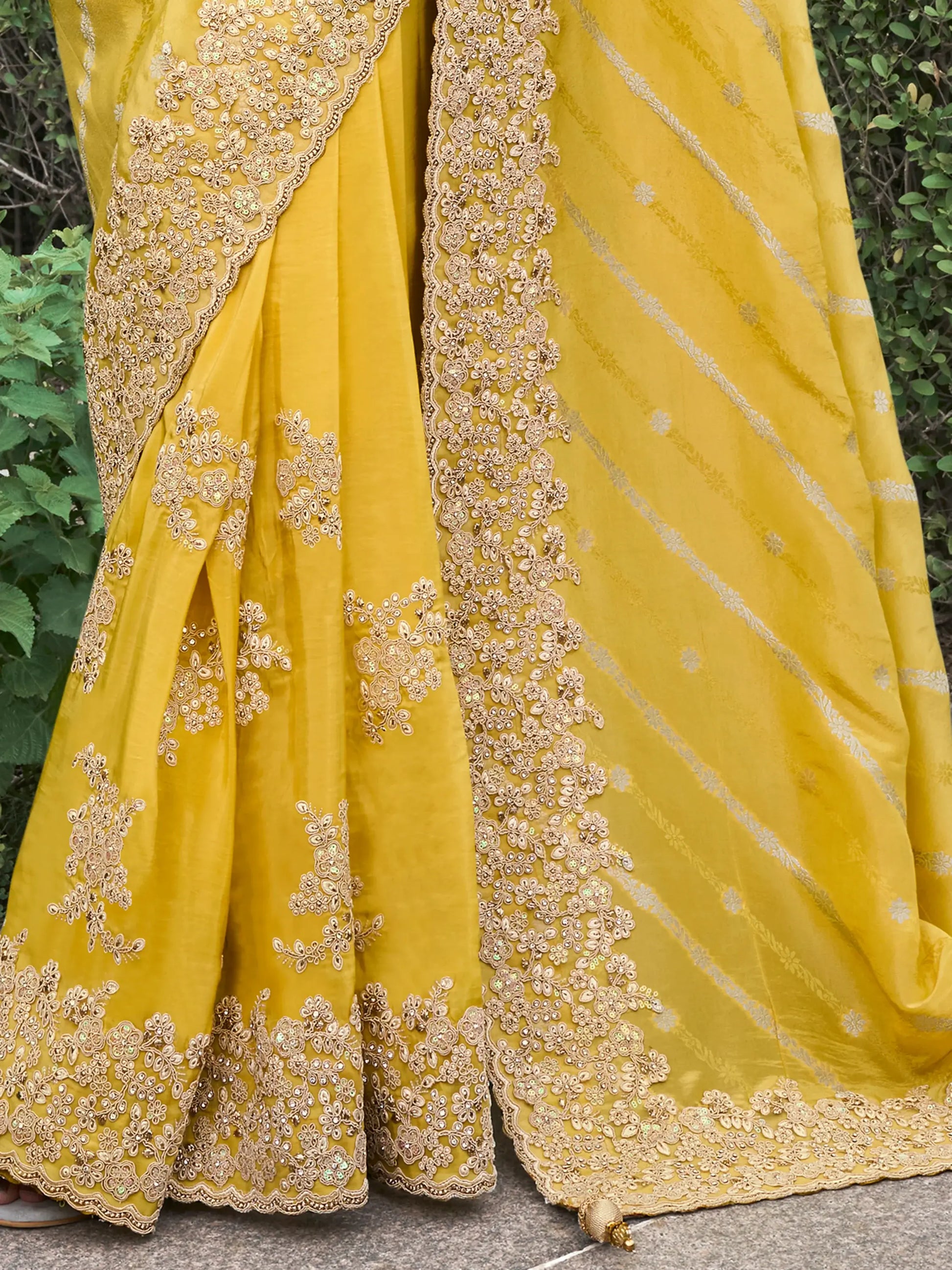 Fascinating Yellow Zari Weaving Organza Haldi Wear Saree With Blouse - Zeel Clothing