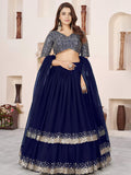 Fashionable Blue Embroidered Georgette Reception Lehenga With Dupatta