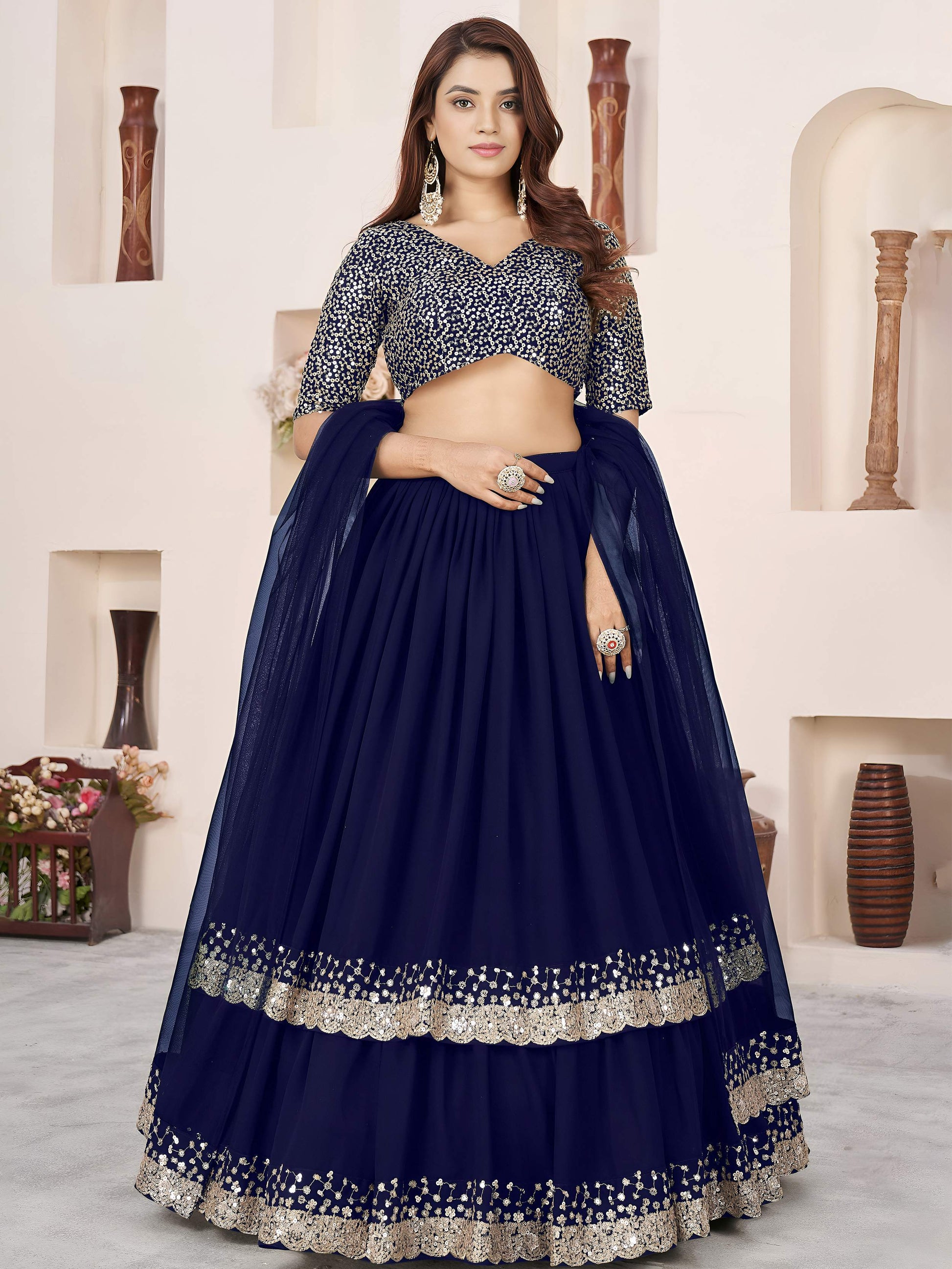 Fashionable Blue Embroidered Georgette Reception Lehenga With Dupatta