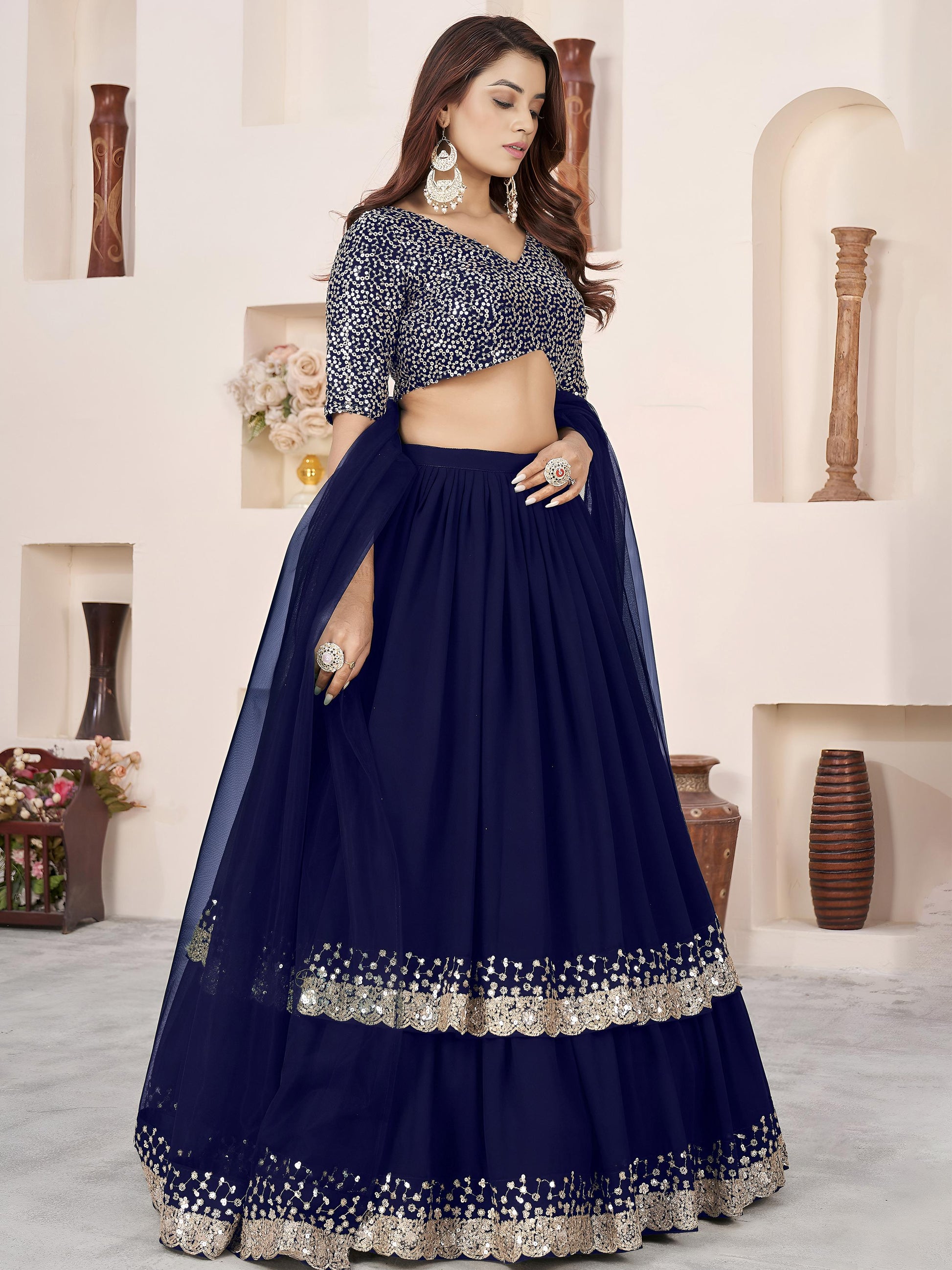 Fashionable Blue Embroidered Georgette Reception Lehenga With Dupatta