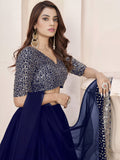 Fashionable Blue Embroidered Georgette Reception Lehenga With Dupatta