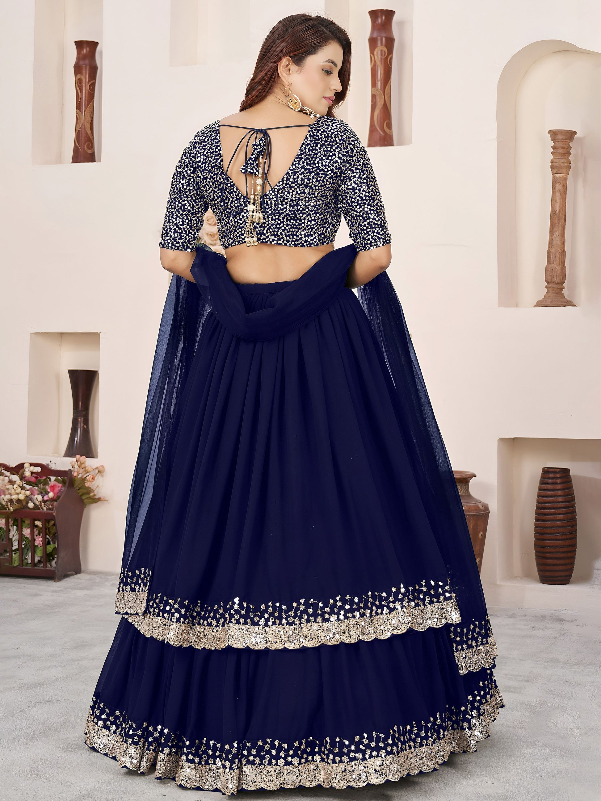 Fashionable Blue Embroidered Georgette Reception Lehenga With Dupatta