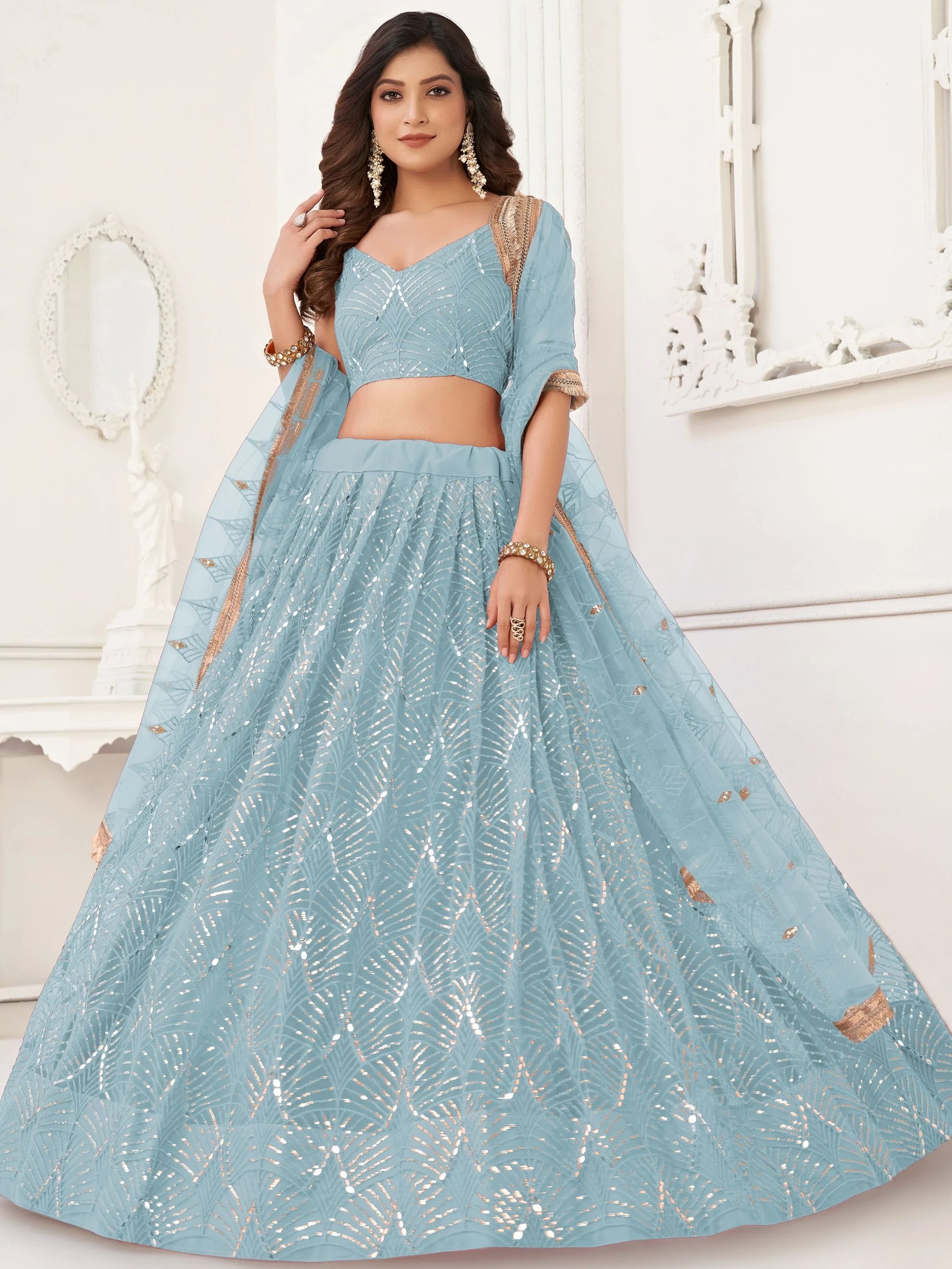 Fashionable Blue Sequin Work Net Party Wear Lehenga Choli With Dupatta