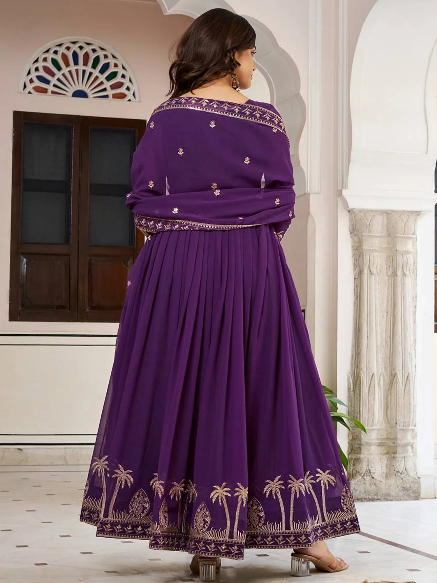 Fashionable Purple Sequins Work Georgette Festive Wear Gown
