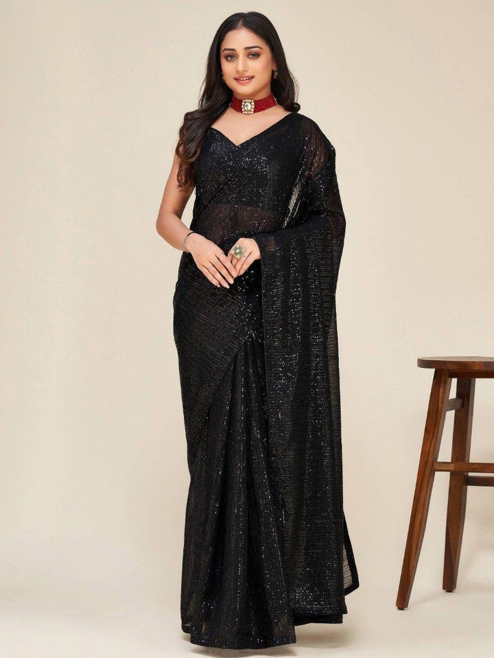 Wonderful Black Sequins Georgette Party Wear Saree With Blouse