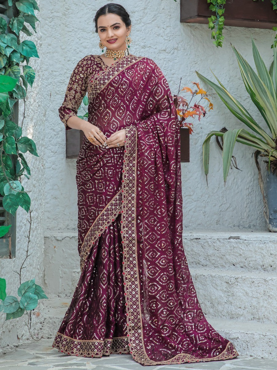 Gorgeous Wine Sequins Silk Engagement Wear Saree With Blouse