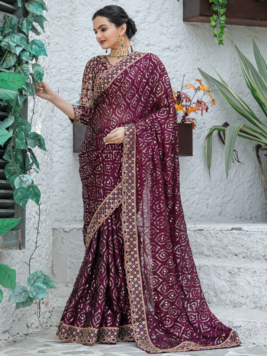 Gorgeous Wine Sequins Silk Engagement Wear Saree With Blouse