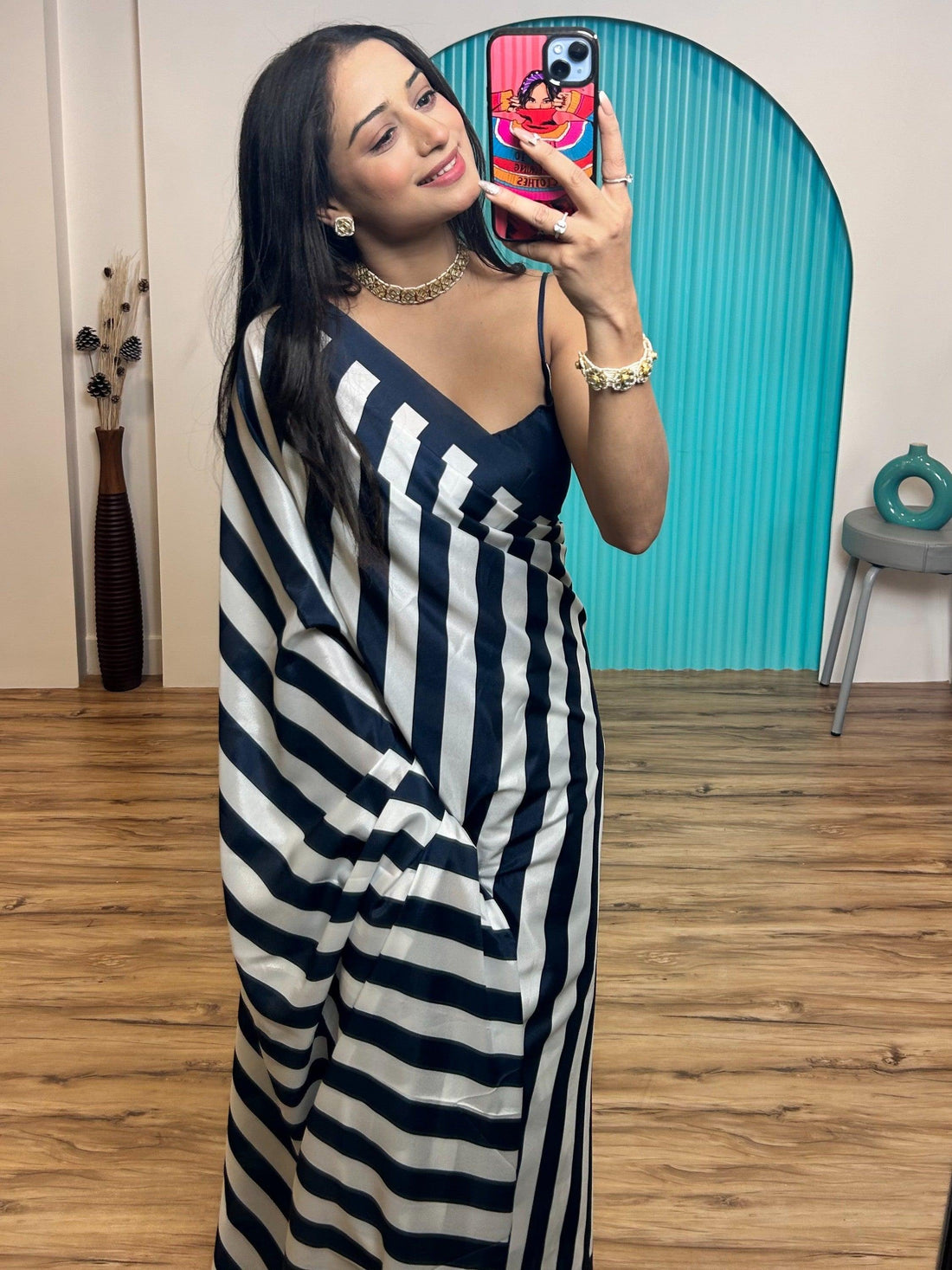 Lavish Blue & White Digital Printed Satin Saree With Blouse