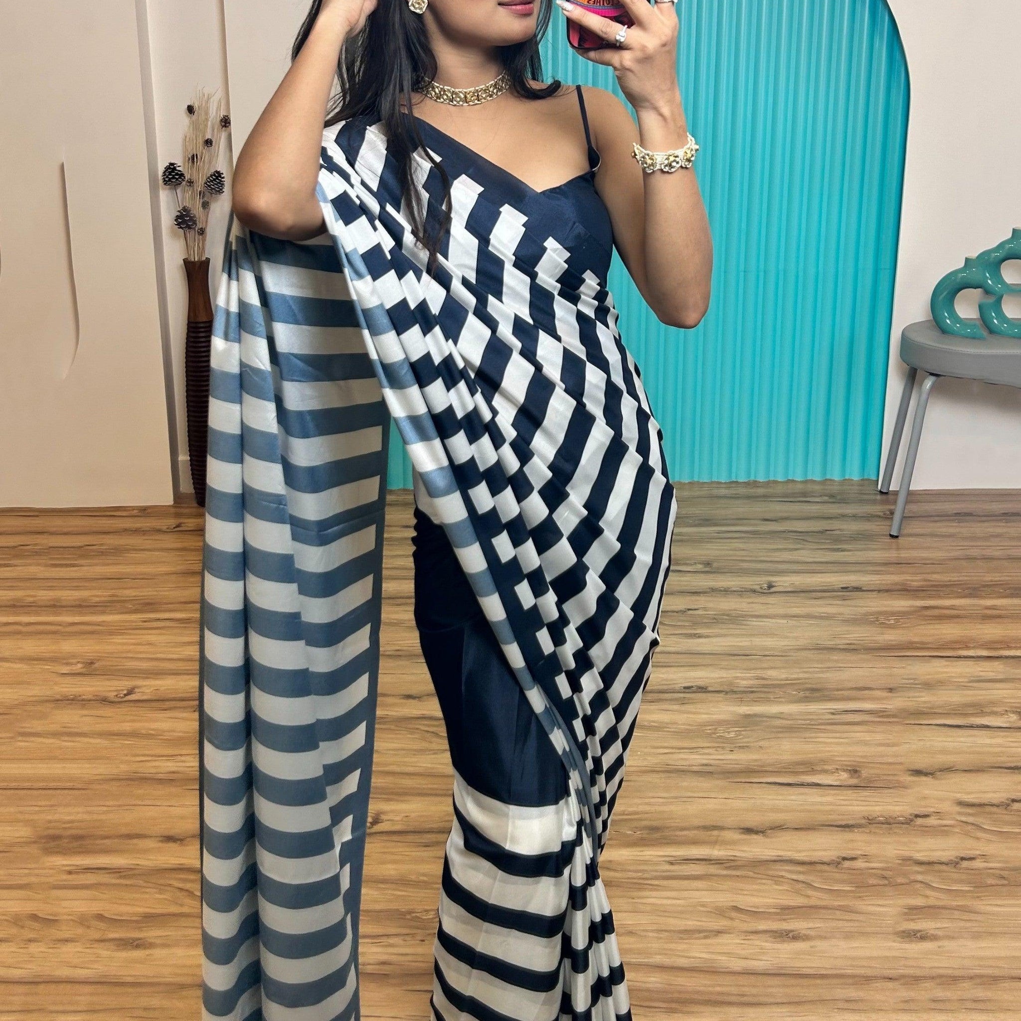 Lavish Blue & White Digital Printed Satin Saree With Blouse