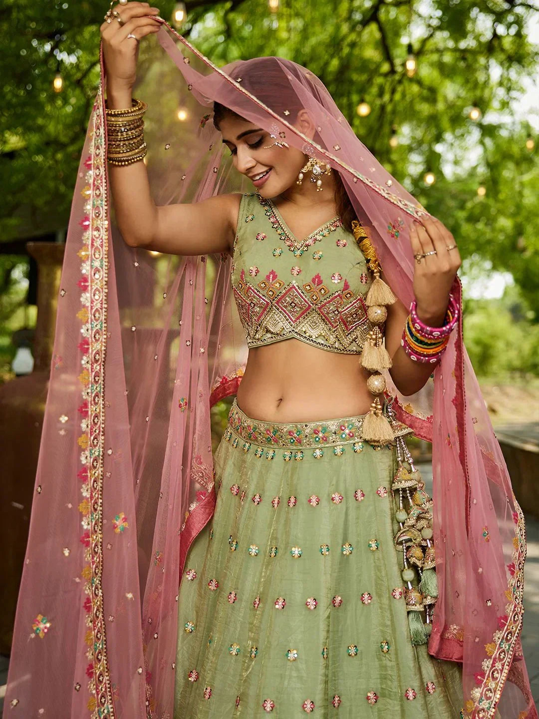Feminine Pista Green Sequins Work Tissue Designer Lehenga Choli With Dupatta - Zeel Clothing