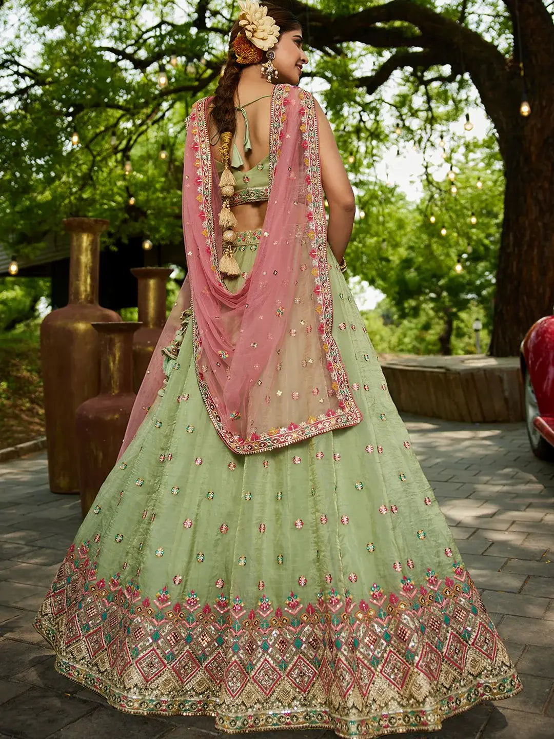 Feminine Pista Green Sequins Work Tissue Designer Lehenga Choli With Dupatta - Zeel Clothing