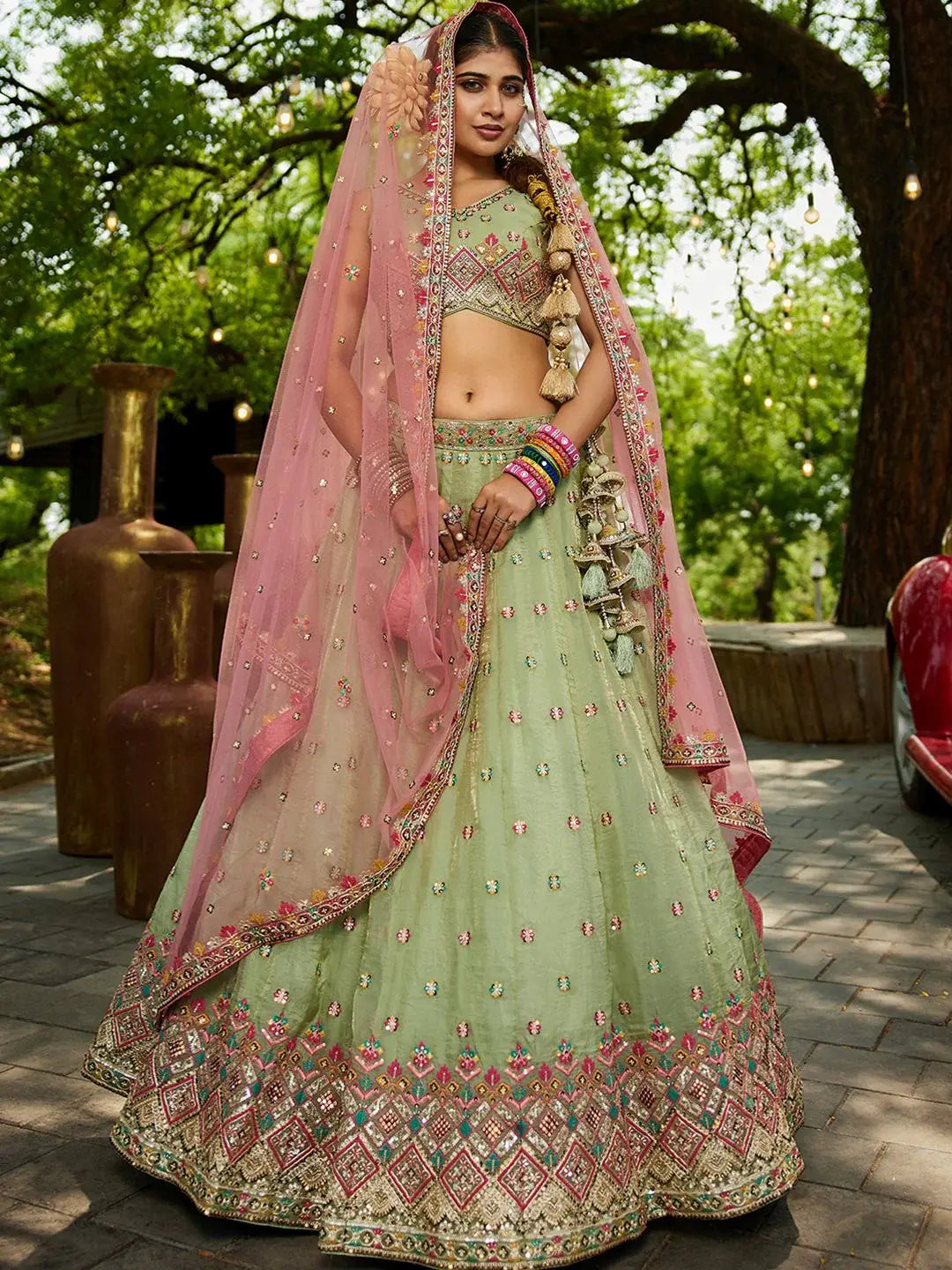 Feminine Pista Green Sequins Work Tissue Designer Lehenga Choli With Dupatta - Zeel Clothing