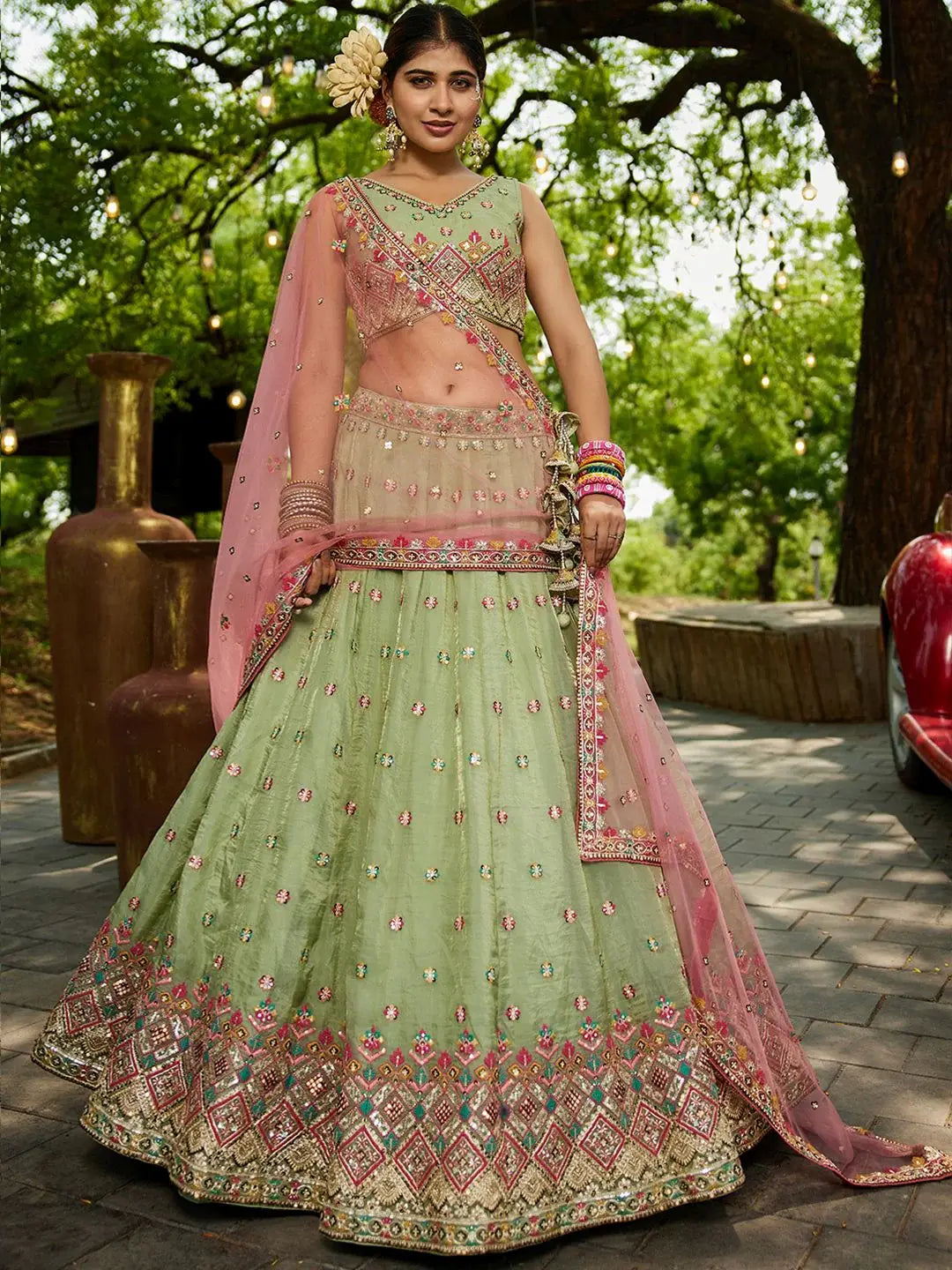 Feminine Pista Green Sequins Work Tissue Designer Lehenga Choli With Dupatta - Zeel Clothing