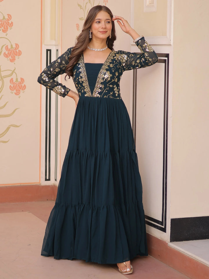 Feminine Teal Blue Sequins Embroidery Georgette Engagement Wear Gown - Zeel Clothing
