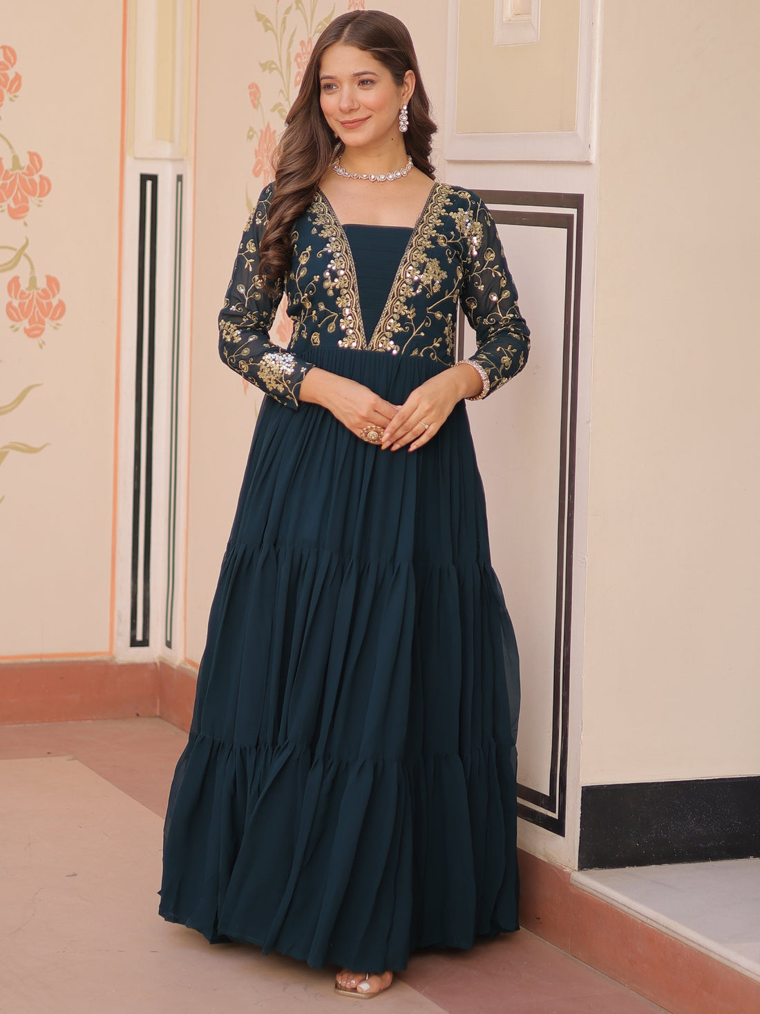 Feminine Teal Blue Sequins Embroidery Georgette Engagement Wear Gown - Zeel Clothing