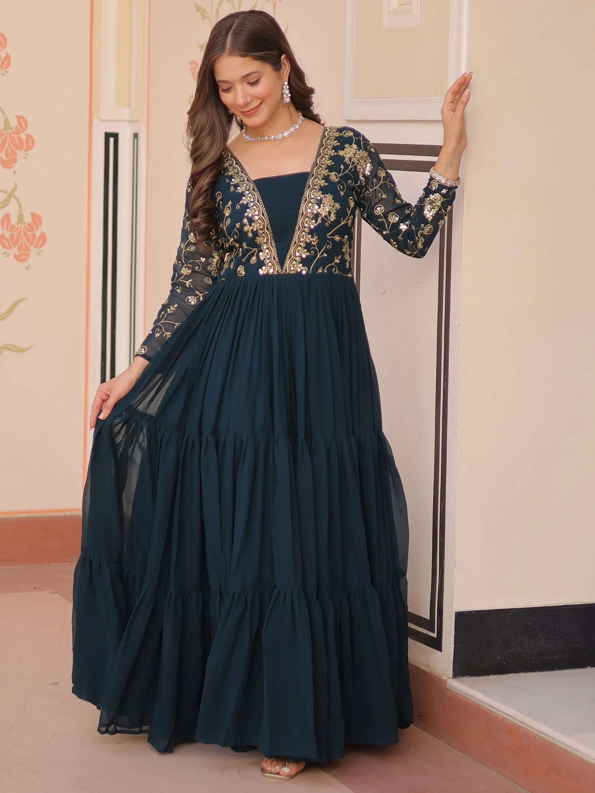 Feminine Teal Blue Sequins Embroidery Georgette Engagement Wear Gown - Zeel Clothing