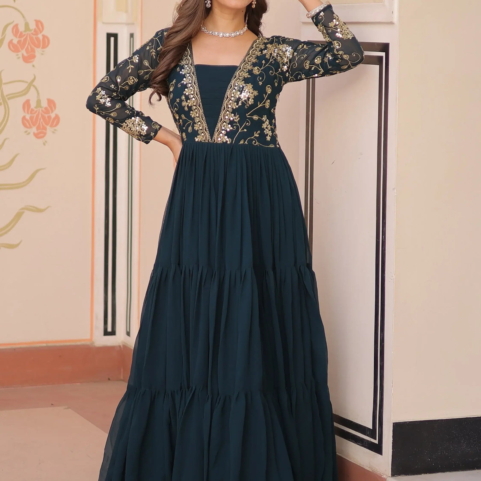 Feminine Teal Blue Sequins Embroidery Georgette Engagement Wear Gown - Zeel Clothing