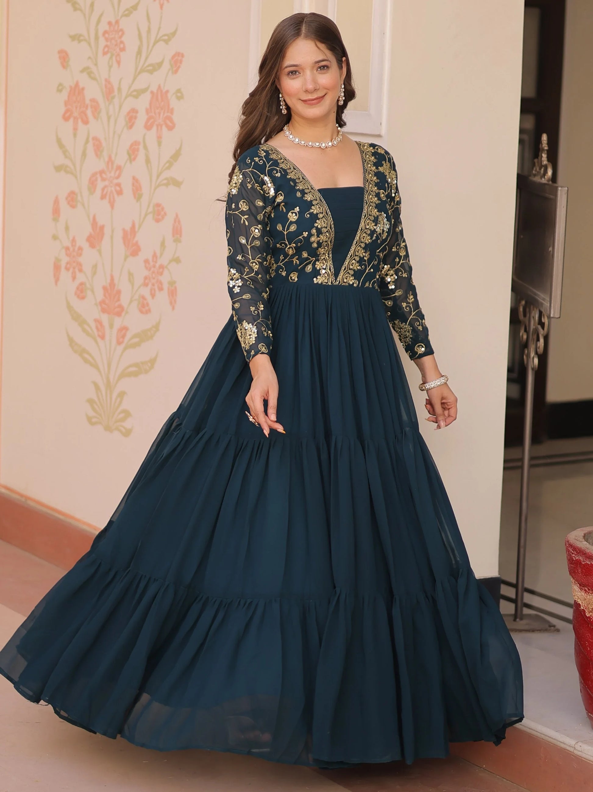 Feminine Teal Blue Sequins Embroidery Georgette Engagement Wear Gown - Zeel Clothing