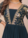 Feminine Teal Blue Sequins Embroidery Georgette Engagement Wear Gown - Zeel Clothing