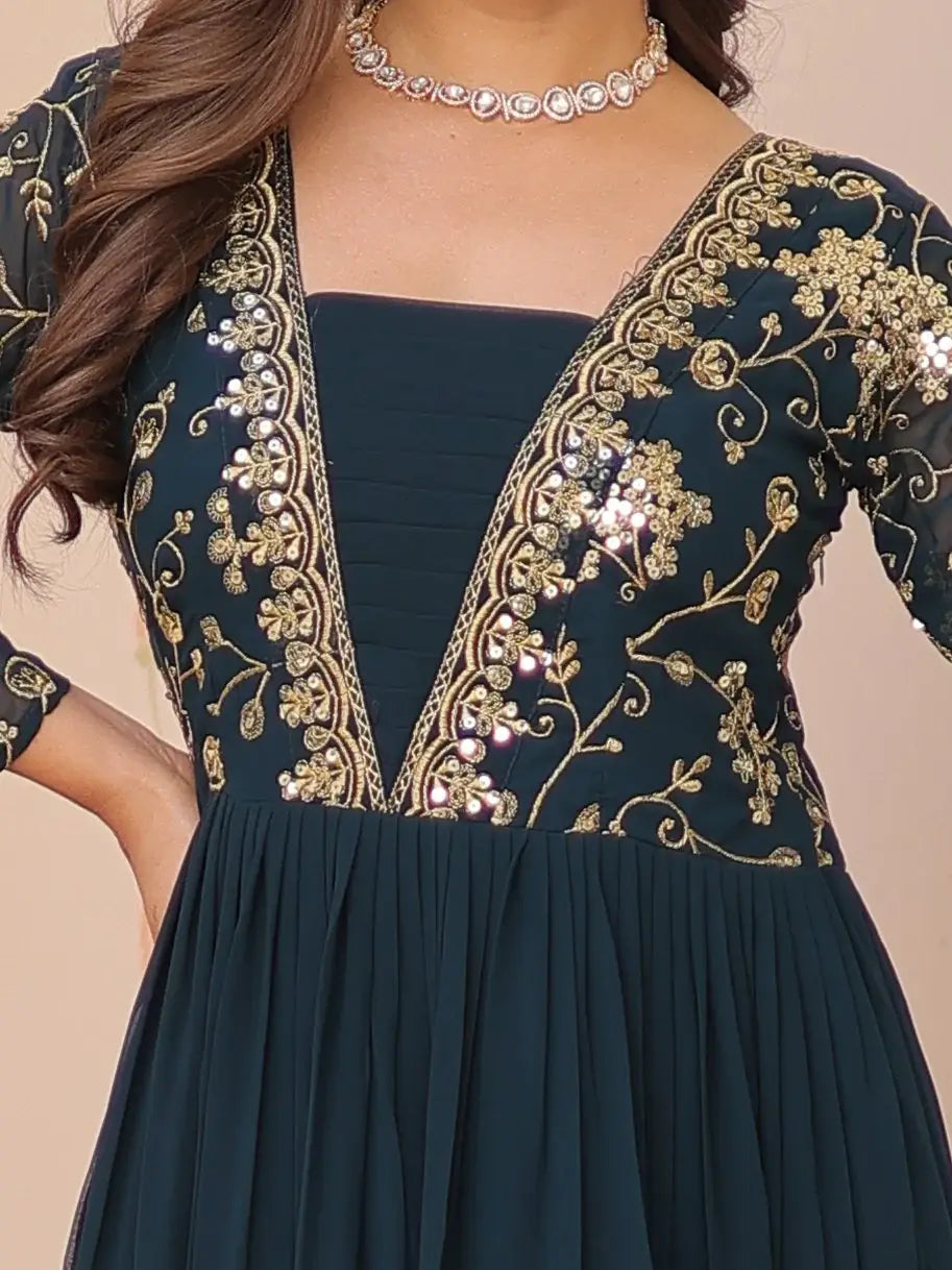 Feminine Teal Blue Sequins Embroidery Georgette Engagement Wear Gown - Zeel Clothing
