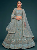 Fetching Aqua Blue Embroidered Soft Net Lehenga Choli With Dupatta - Zeel Clothing