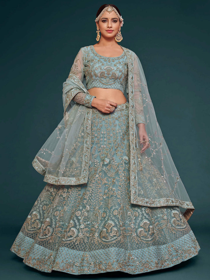 Fetching Aqua Blue Embroidered Soft Net Lehenga Choli With Dupatta - Zeel Clothing