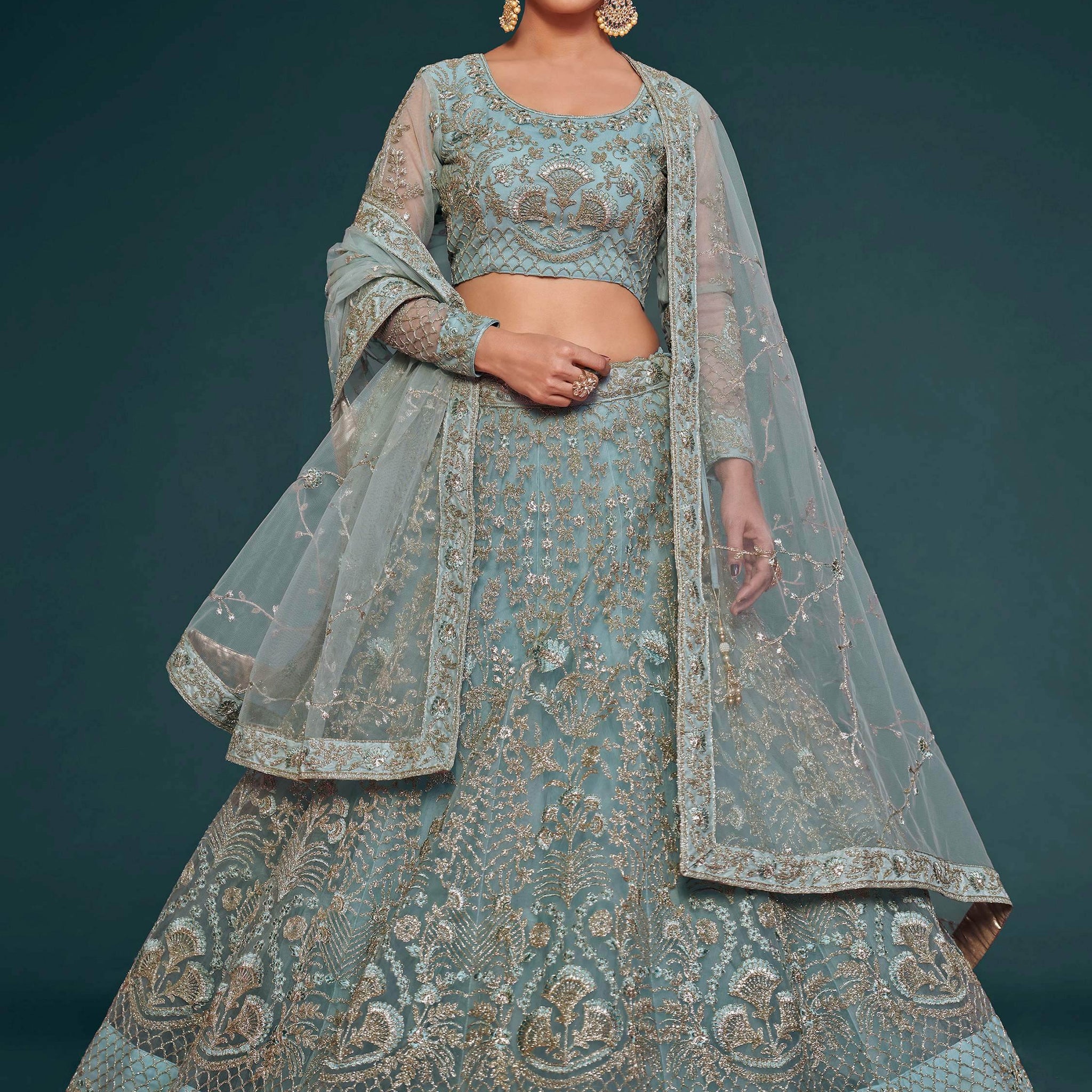 Fetching Aqua Blue Embroidered Soft Net Lehenga Choli With Dupatta - Zeel Clothing