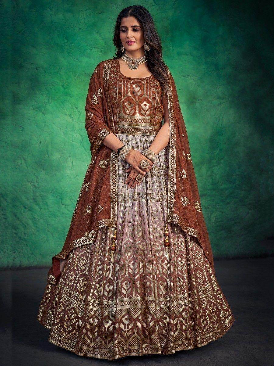 Fetching Brown Sequins Georgette Readymade Wedding Wear Gown - Zeel Clothing