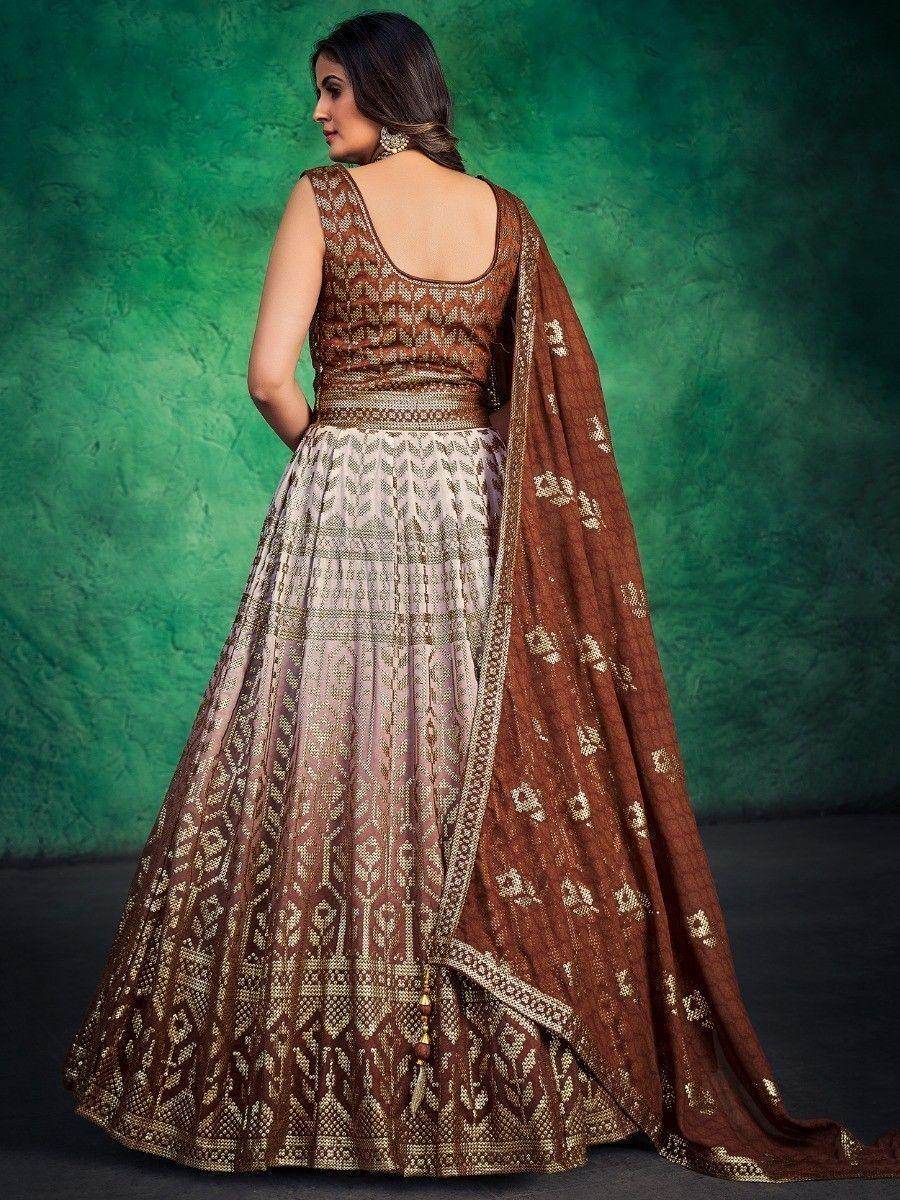 Fetching Brown Sequins Georgette Readymade Wedding Wear Gown - Zeel Clothing
