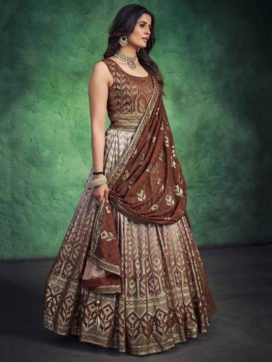Fetching Brown Sequins Georgette Readymade Wedding Wear Gown - Zeel Clothing