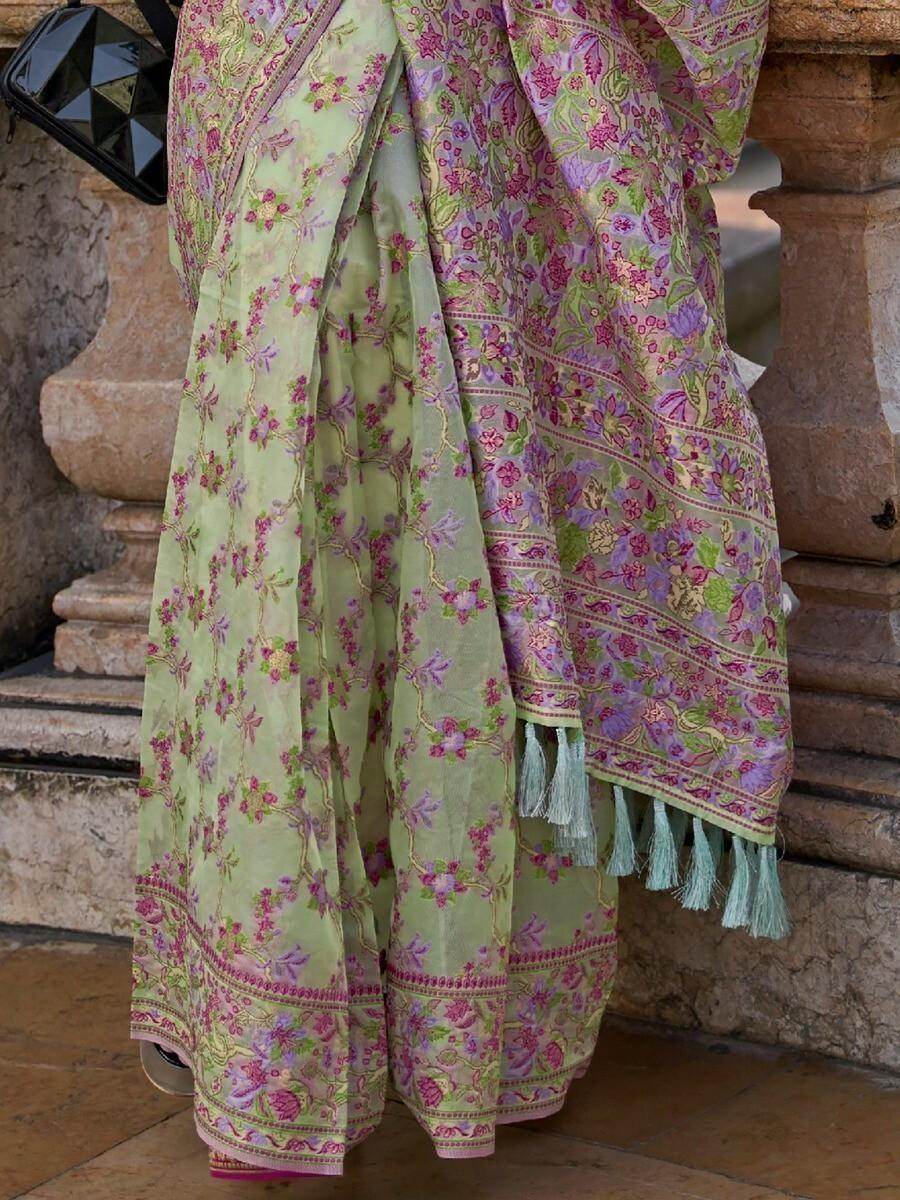 Fetching Green & Pink Floral Woven Organza Saree With Blouse - Zeel Clothing