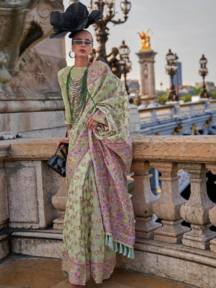Fetching Green & Pink Floral Woven Organza Saree With Blouse - Zeel Clothing
