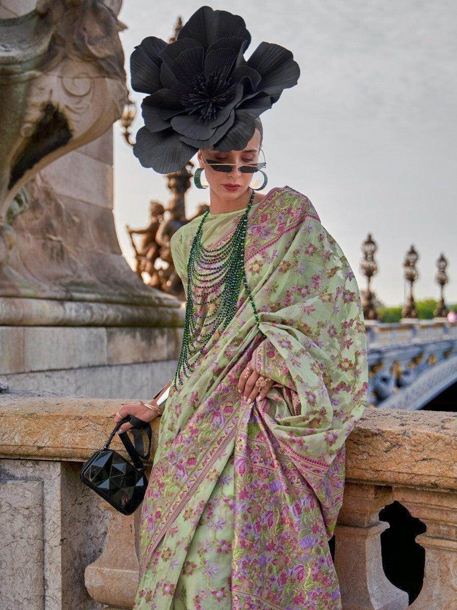 Fetching Green & Pink Floral Woven Organza Saree With Blouse - Zeel Clothing