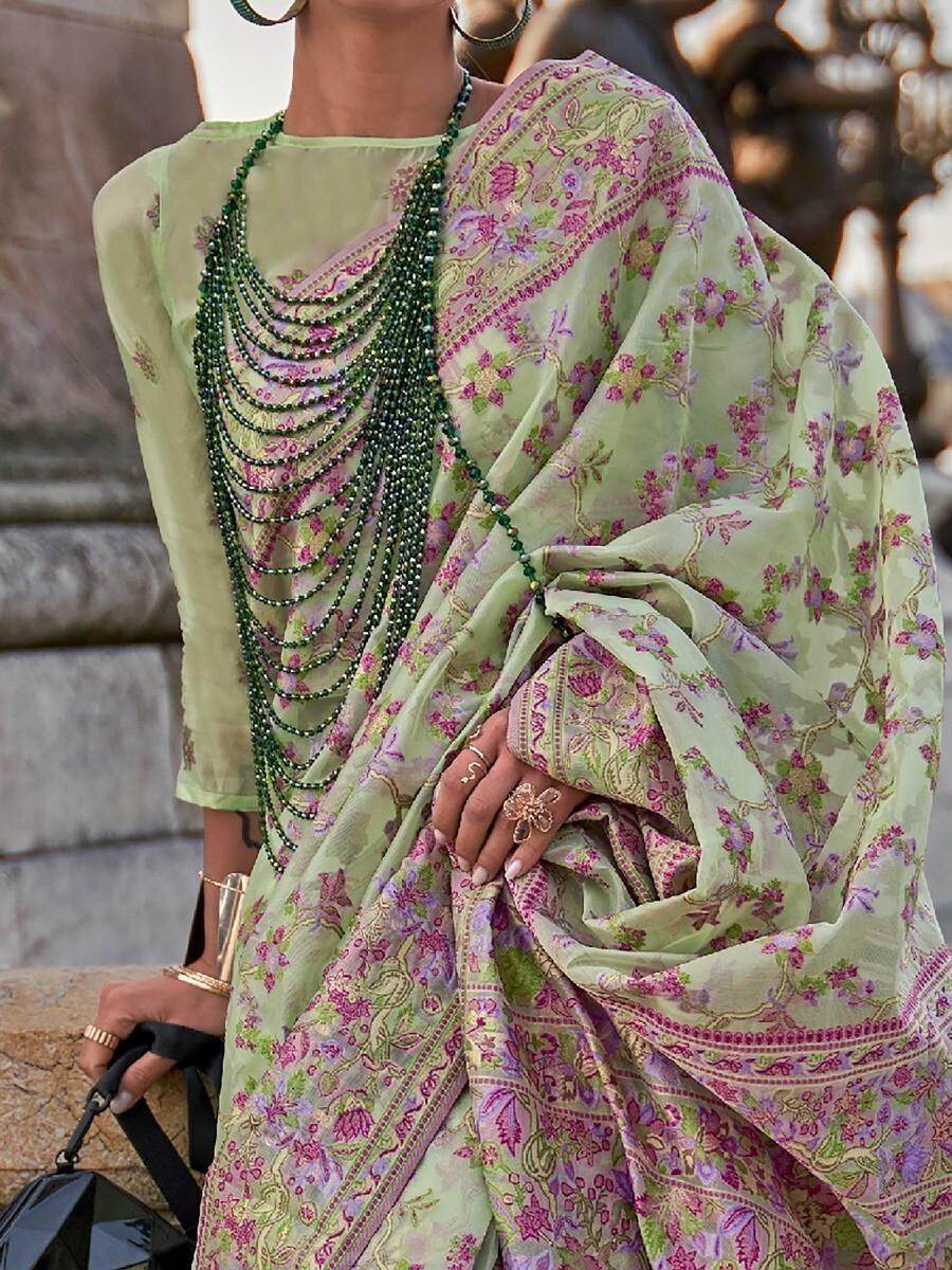 Fetching Green & Pink Floral Woven Organza Saree With Blouse - Zeel Clothing