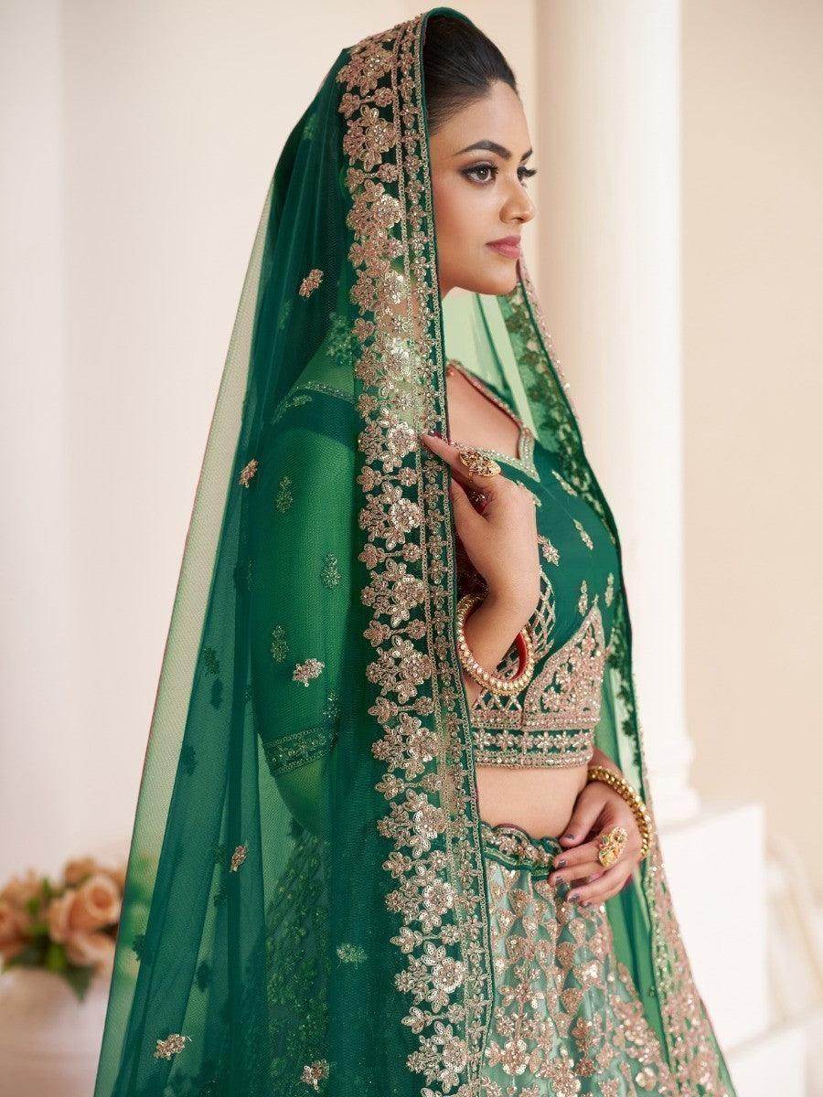 Fetching Green Sequins Net Bridal Wear Lehenga Choli With Dupatta - Zeel Clothing