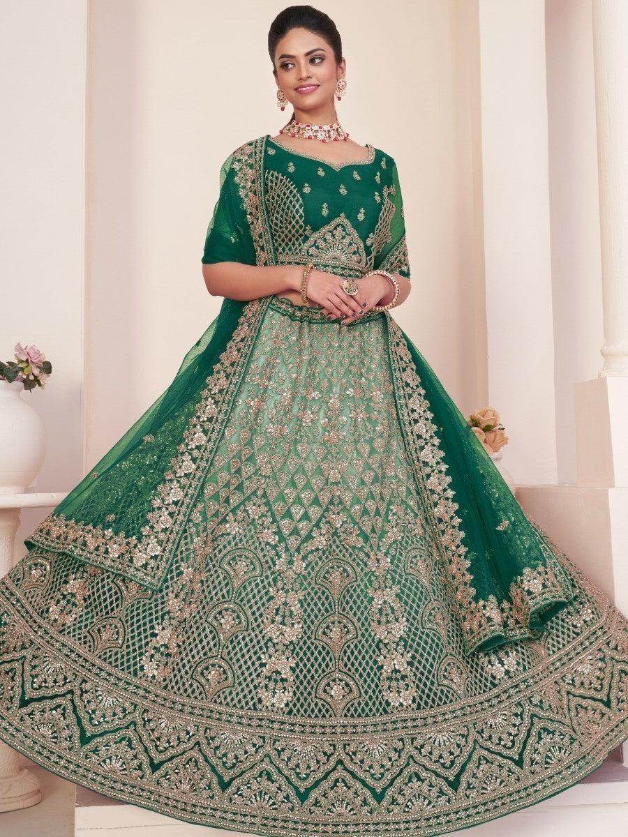 Fetching Green Sequins Net Bridal Wear Lehenga Choli With Dupatta - Zeel Clothing