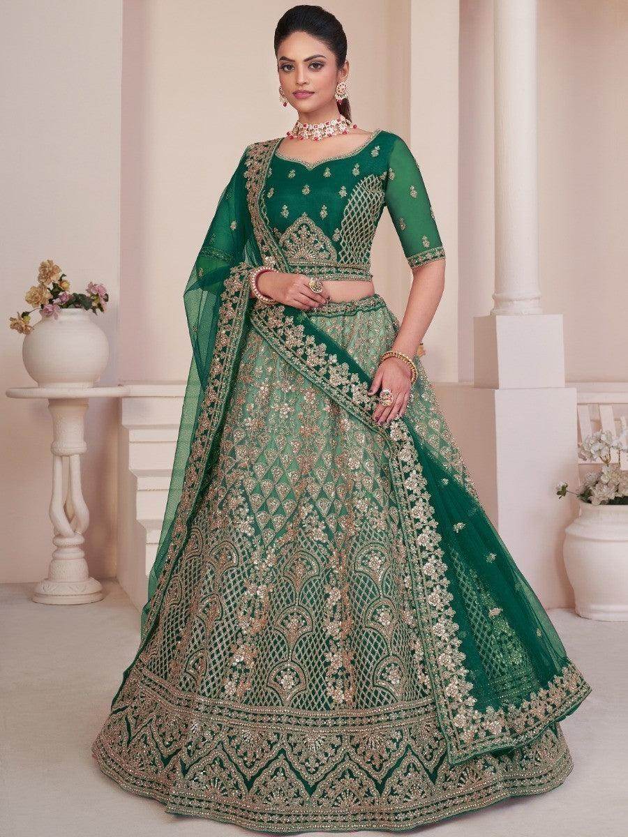 Fetching Green Sequins Net Bridal Wear Lehenga Choli With Dupatta - Zeel Clothing
